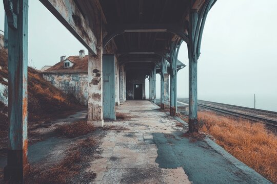 Abandoned train station platform,  foggy autumn morning.  Concrete floor, decaying wood, and rusting metal supports.  Old building, overgrown