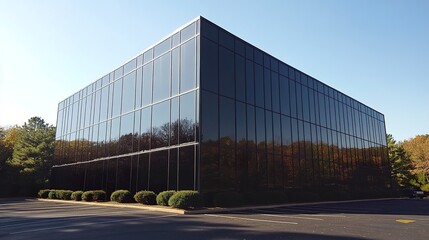 Obraz premium Modern cube-shaped office building clean geometric design reflective glass facade large parking lot suburban Maryland setting. 