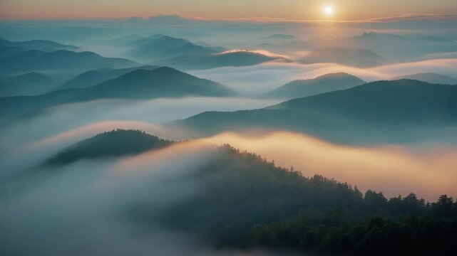 Panoramic view of misty hills at sunrise with soft sunlight filtering through clouds, creating a serene and tranquil atmosphere