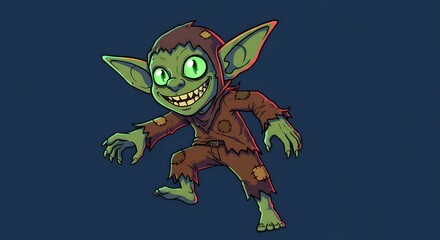Naklejka premium Cartoon Goblin Character with Green Skin and Patchwork Outfit Jumping