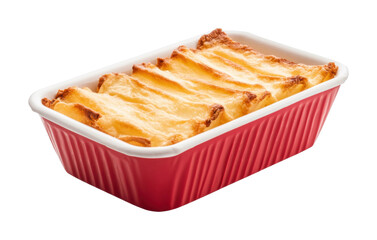 Delicious baked lasagna in red dish with golden cheese topping, cut out - stock png.