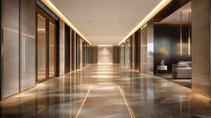 Naklejka premium Modern long corridor soft ambient light clean lines defocused rooms creating depth polished floors sleek office design. 