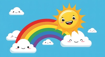 Fototapeta premium Cheerful Sun, Rainbow, and Smiling Clouds Cartoon Illustration Against Blue Sky