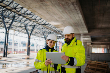 Engineers discussing construction plans using a tablet on site.