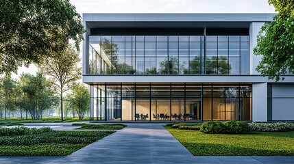 Modern office building clean facade bright interiors designed for workplace functionality sleek and professional corporate style.  