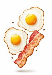 Bacon strips and fried eggs flying in the air, whimsical style, bright colors, dynamic food presentation, for a food blog