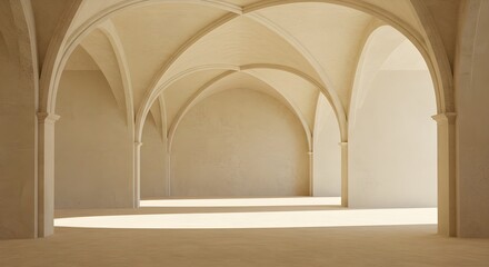 Fototapeta premium Sunlit beige hallway with arched ceilings and columns. Tranquil and serene atmosphere.