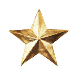 Gold metal star with textured surface and geometric design, cut out - stock png.