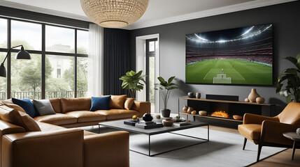 Fototapeta premium A dramatic sports moment captured on screen, with intense fan reactions in a stylish living room,