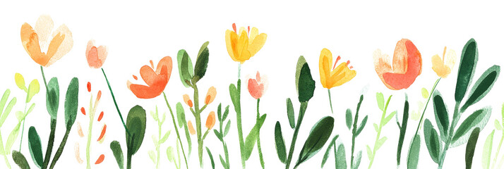 Hand-painted watercolor illustration of vibrant spring flowers and greenery on a white and transparent background, png.