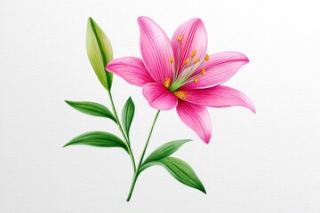 Fototapeta premium Watercolor Lily Bloom 271 - Pink lily, delicate petals, vibrant color, elegant stem, graceful leaves. Symbolizing purity, love, beauty, rebirth, and hope