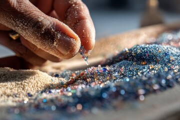 Person's hand delicately placing small, translucent, colorful pieces into sand and other similar pieces, demonstrating careful placement.