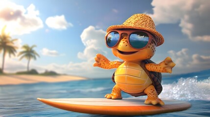 Animated turtle enjoying a summer surf session.