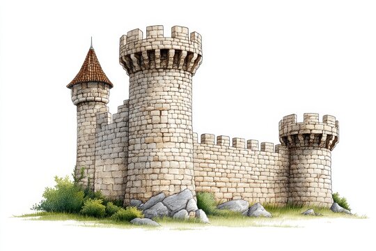 Watercolor Medieval Fortress Illustration - A medieval stone fortress, symbolising strength, history, defense, , and resilience. The is a detailed watercolor painting