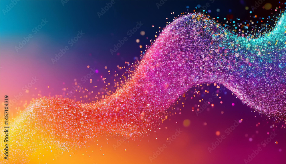 Poster abstract flowing wave with gradient colors and sparkling particles