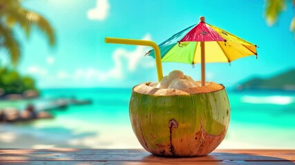 Fresh coconut drink with colorful umbrella and straw on tropical beach. Paradise vacation refreshment with turquoise ocean background. Exotic summer beverage by sunny seaside. Natural healthy island - Powered by Adobe
