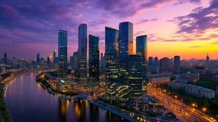 Fototapeta premium Modern office skyscrapers with glass facades reflecting sky sleek urban skyline vibrant lighting perfect city wallpaper background. 