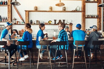 Sports, conversation or people in pub with beer, support or social celebration of competition together. Crowd, soccer game or group of friends in bar for party, alcohol or fans at diner in happy hour