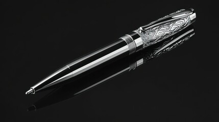 An elegant silver fountain pen resting on a black surface