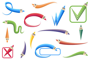 Set of colored curved pencils. Different curved arrows, swirls, crosses, circles and check marks. Cartoon character on a white background.