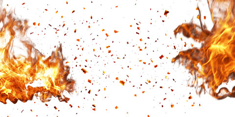 Burning flames with flying embers in orange and yellow hues on a white and transparent background png