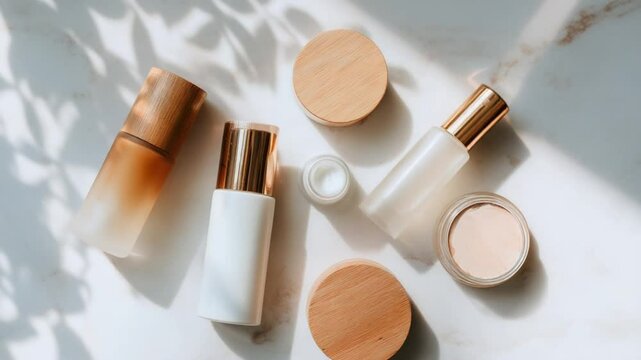 A serene flat lay of elegant skincare products on a marble surface with soft shadows