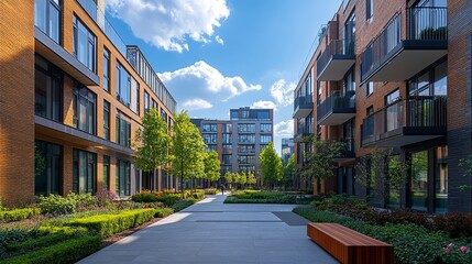 Modern urban development with ground-floor retail vibrant shopfronts elegant apartments and sleek offices above landscaped surroundings. 