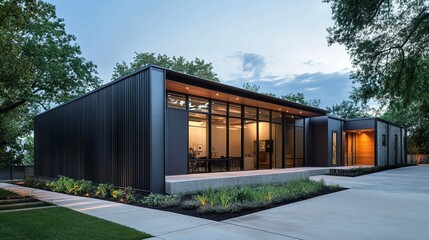 Fototapeta premium Modern warehouse exterior sleek metal facade with clean lines adjacent small office unit large driveway minimalist industrial design. 