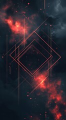 Abstract Red and Dark Background with Geometric Lines and Glowing Particles Ideal for Tech Designs