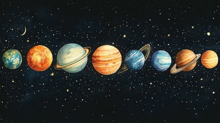 Artistic illustration of the solar system planets aligned in outer space