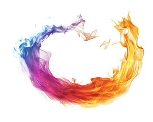 Colorful abstract swirls of smoke forming a circular shape on a white background, displaying rainbow hues and energy with png.