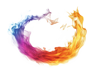 Colorful abstract swirls of smoke forming a circular shape on a white background, displaying rainbow hues and energy with png.