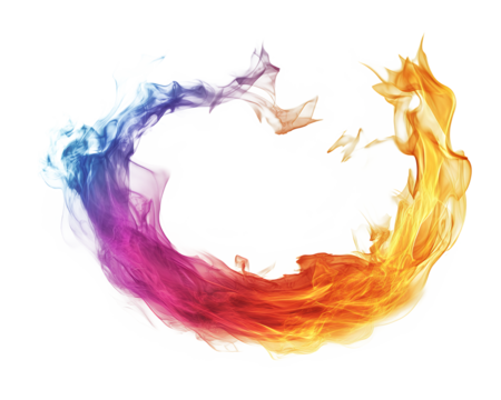 Colorful abstract swirls of smoke forming a circular shape on a white background, displaying rainbow hues and energy with png.