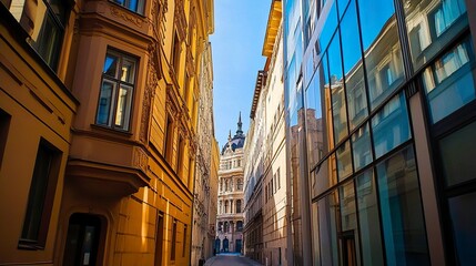 Obraz premium Narrow alley in Budapest lined with modern office buildings sleek glass facades sharp angles vibrant urban atmosphere. 