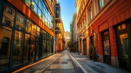 Fototapeta premium Narrow alley in Budapest lined with modern office buildings sleek glass facades sharp angles vibrant urban atmosphere. 