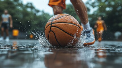 Dribbling a basketball on a wet court