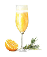 Sparkling mimosa with fresh orange slice and rosemary garnish, cut out - stock png.