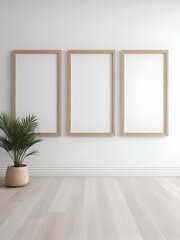 Fototapeta premium A white wall and three wooden frames on a wooden floor. Interior is empty. mockup of a vertical wooden frame. White parquet. Interior design. Triptych. Pass anywhere frame.