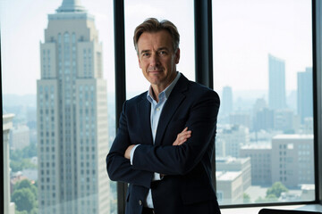 Obraz na płótnie Canvas Confident middle-aged Caucasian businessman or executive stands contemplatively before large windows offering a panoramic city view from a high-rise office, projecting success and power