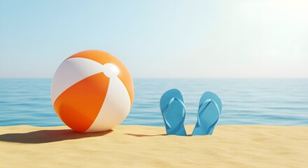 Beach ball and flip-flops on a sandy beach.