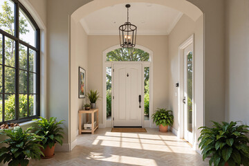 Bright and elegant home entryway foyer featuring a white front door, tiled floor, potted plants, arched doorway, and hanging lantern light fixture, inviting house interior view