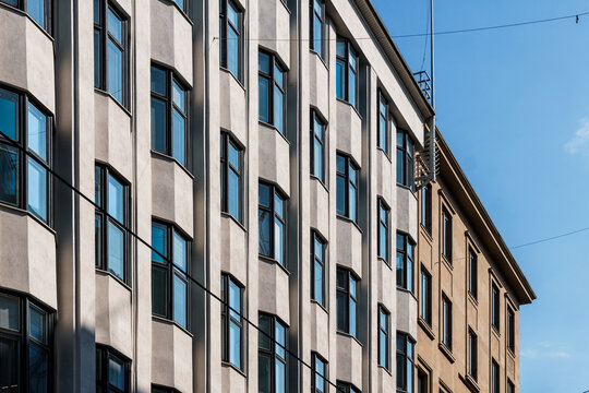 Architectural detail in Helsinki showcases the building's repetitive window pattern.