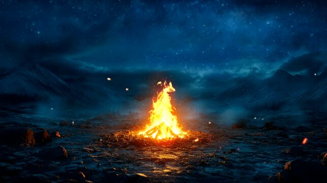 Glowing campfire burning on rocky ground under starry night sky in wilderness landscape