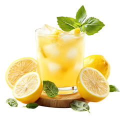 Glass of Lemonade with Mint and Lemon Slices Isolated on Transparent Background
