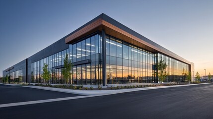 Obraz premium Office building housing workplace spaces sleek exterior glass facade bright natural light collaborative business setting. 