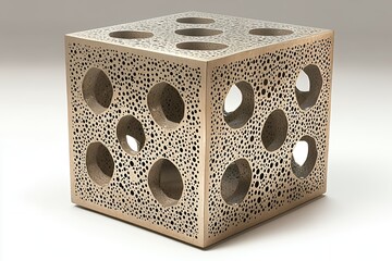 Intricate Bronze Cube Sculpture with Circular Cutouts and Pores Decorative Art Piece