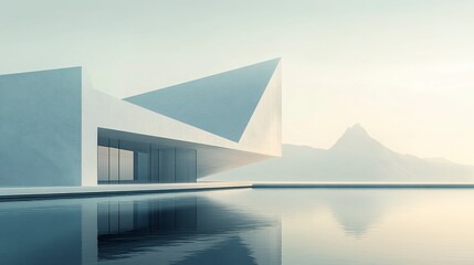 Office building with simplified forms sharp angles smooth facade clean neutral colors minimalistic corporate design. 