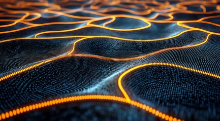 Abstract Digital Wave Background Orange Glowing Lines Blue Particles Futuristic Technology