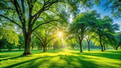 Serene Sunrise Illuminating Lush Green Parkland with Majestic Trees Casting Long Shadows