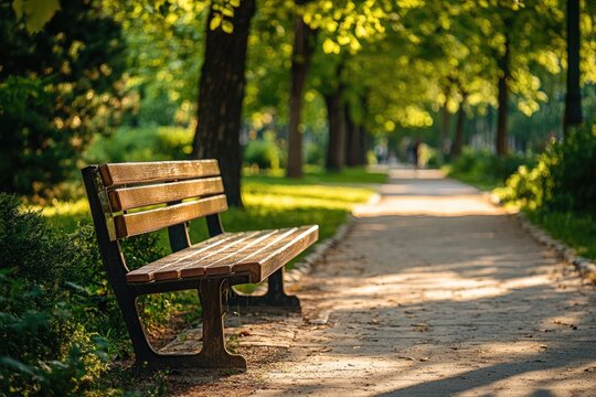 Wooden park bench on a sunlit path, amidst lush green trees